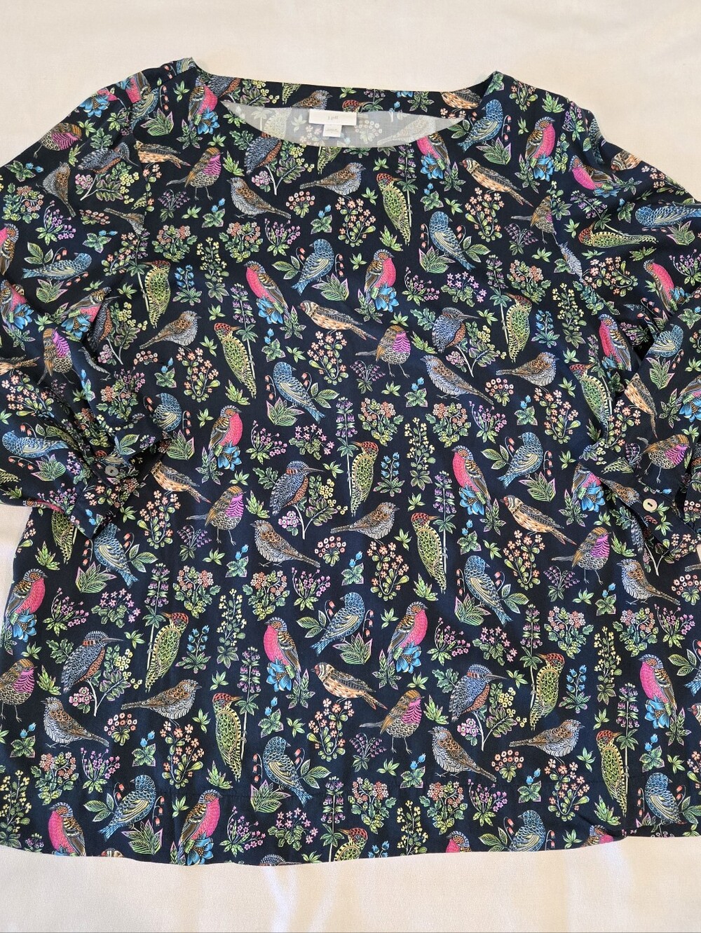 J. Jill Botanical Bird Print Blouse Large Floral Tropical 3/4 Sleeve Shirt Top